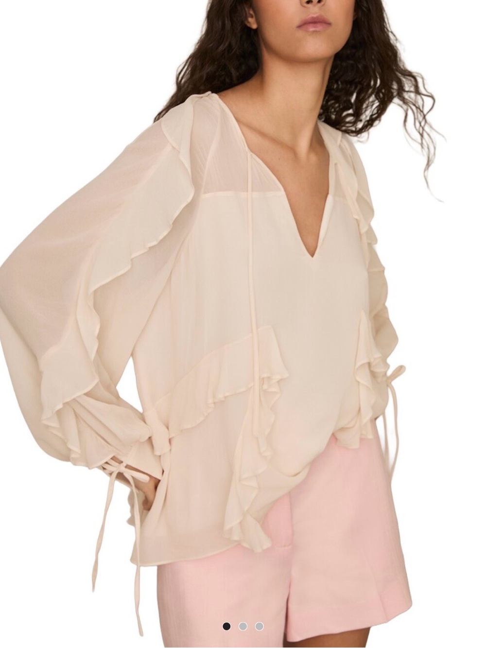 Reiss Sheer Ruffle V-Neck Blouse - Cream